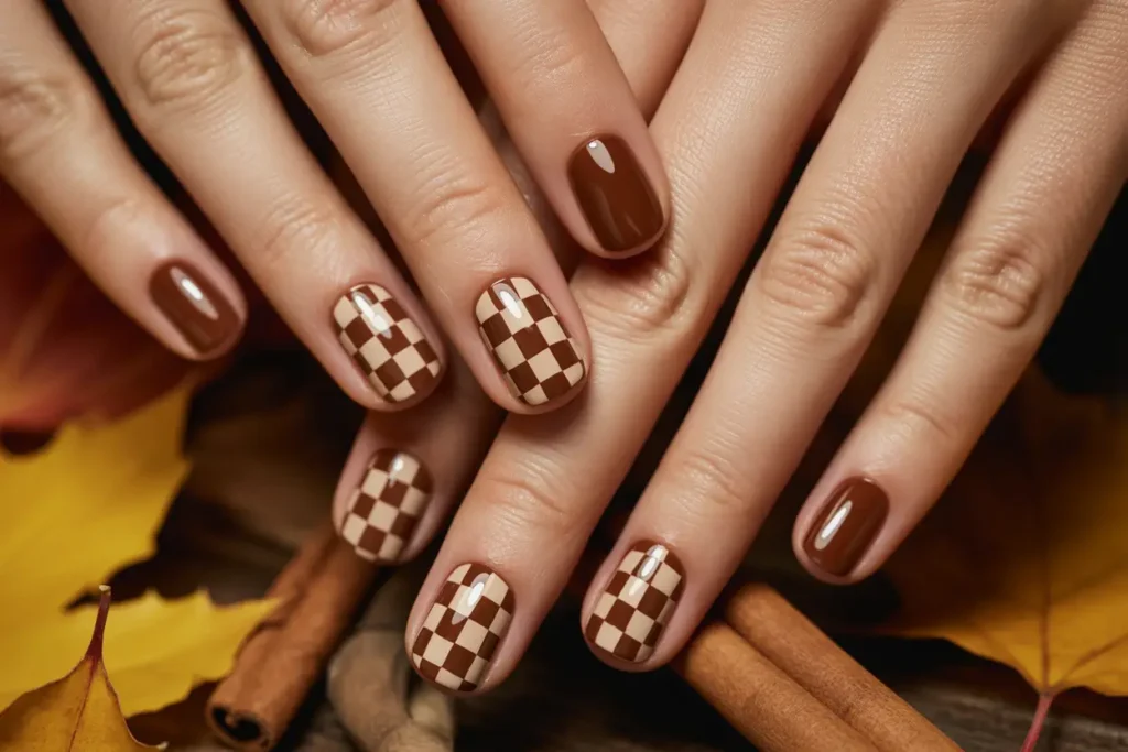 Espresso and Cream Checkerboard Nails