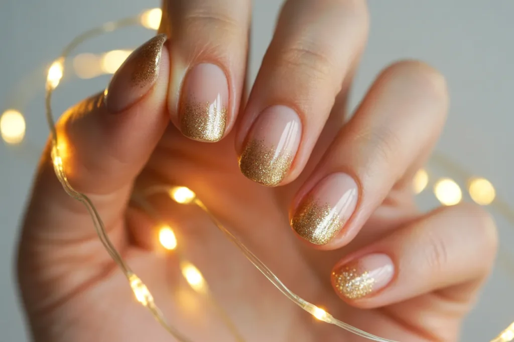Sheer Nude Nails with Gold Glitter Fade