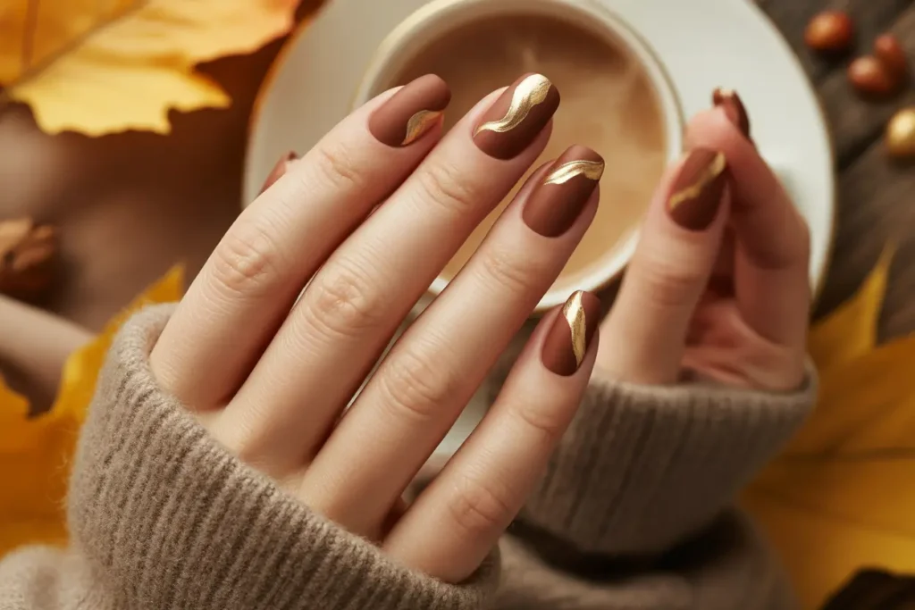 Mocha Matte Nails with Gold Leaf Accents