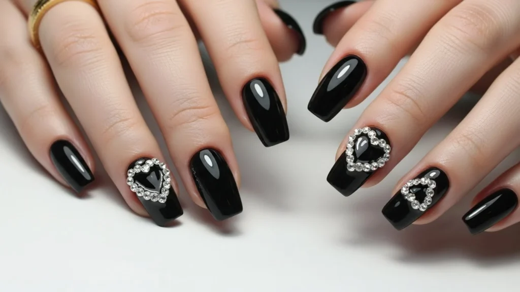Black Nails with Rhinestone Hearts