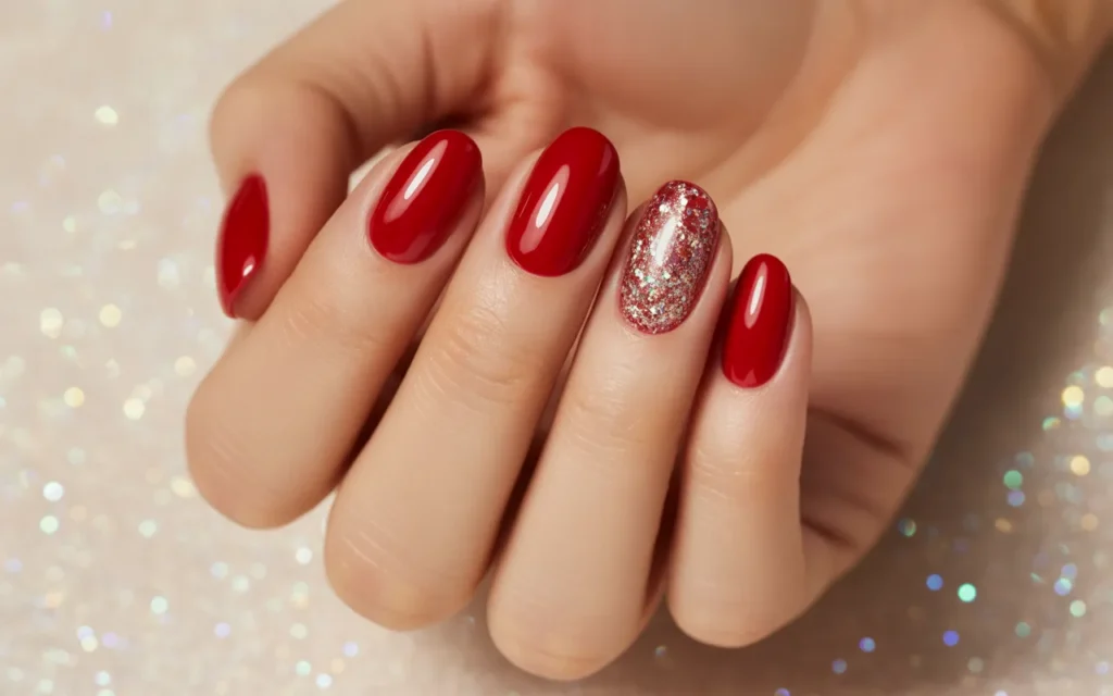 Red Glitter Accent Nails
