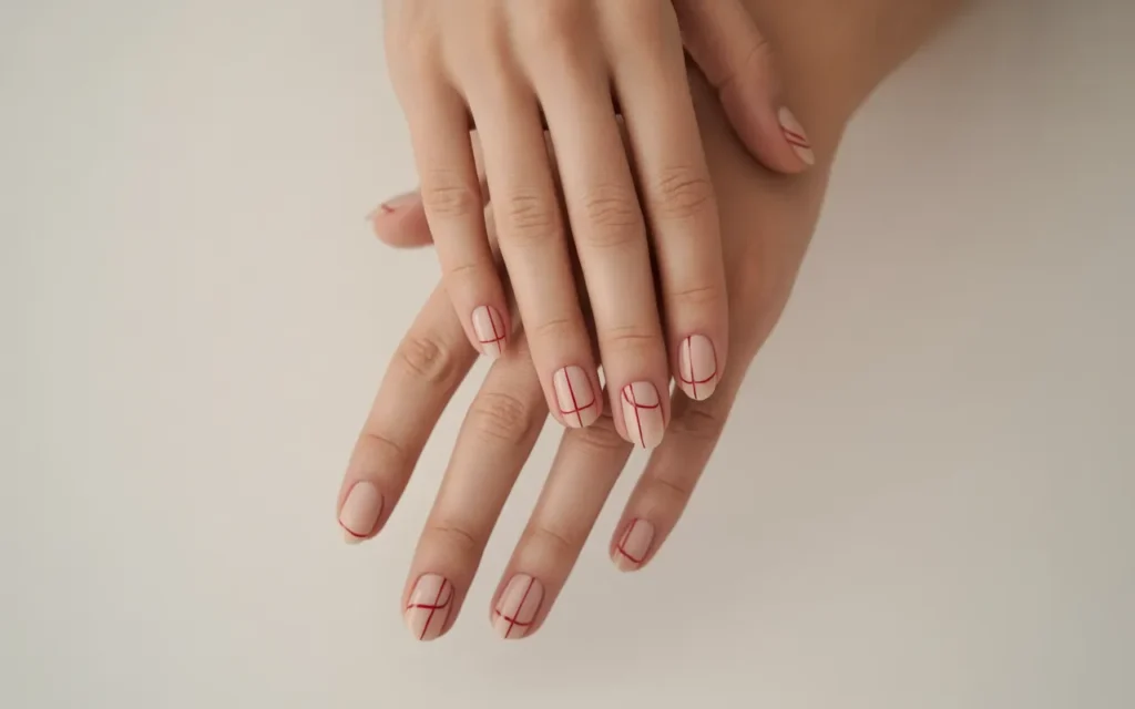 Minimal Red Line-Art Nails