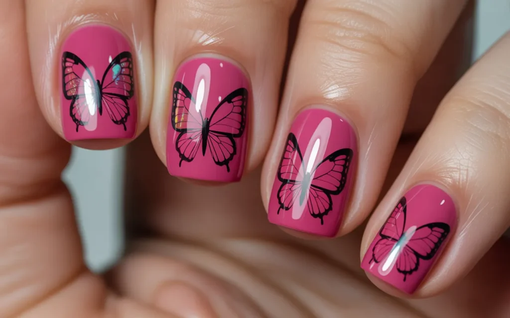 Hot Pink Butterfly Nails