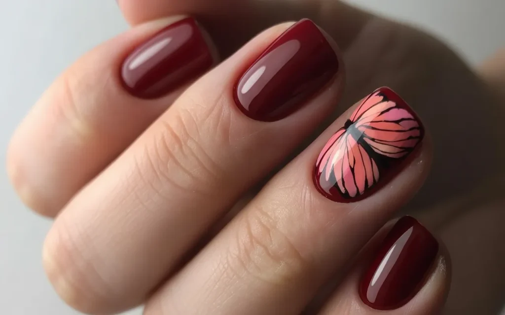 Burgundy Butterfly Nails