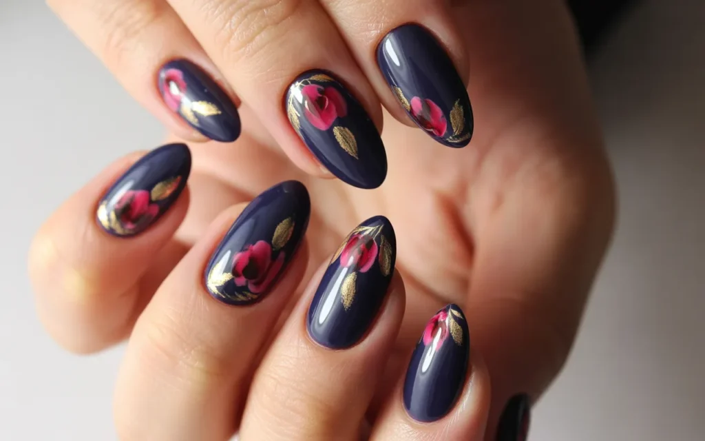 Red and Navy Floral Nails
