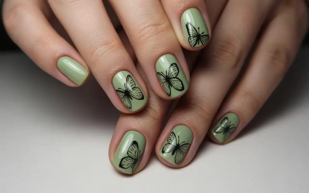 Green Pastel Butterfly Nails