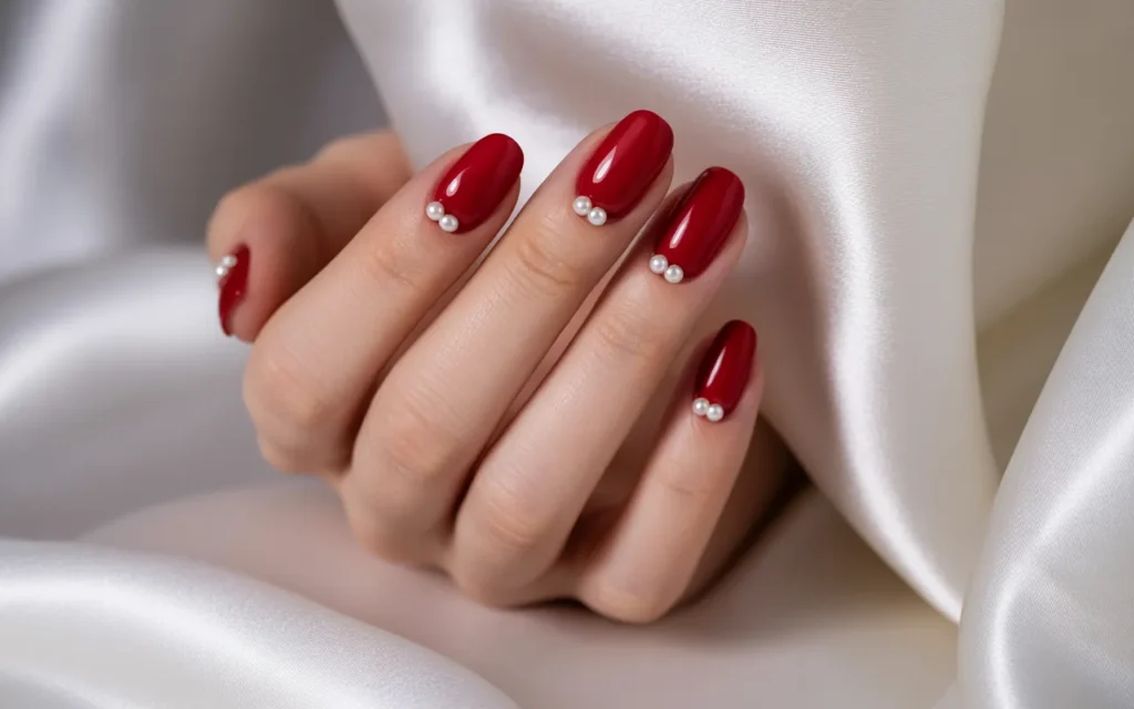 Pearl Accent Red Nails